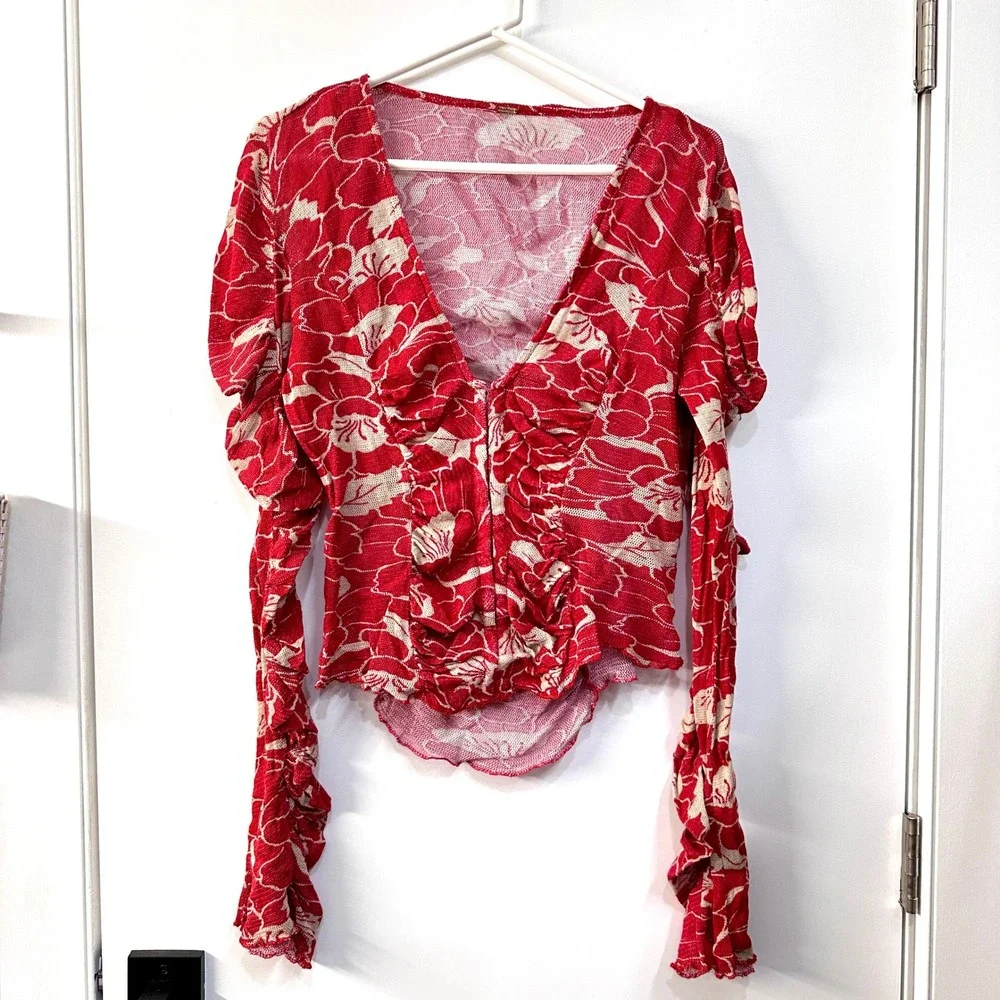 Free People Through The Meadow Top S/M Mesh Floral Print Long Sleeve Corset